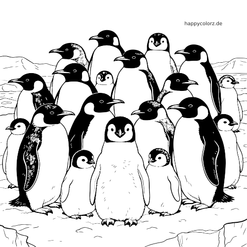 Eine Gruppe erwachsener Pinguine und mehrere flauschige Küken stehen dicht zusammen in einer Pinguinkolonie.