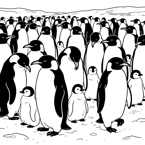Eine dichte Pinguinkolonie mit vielen erwachsenen Pinguinen und mehreren Küken, die zusammen auf eisigem Boden stehen.