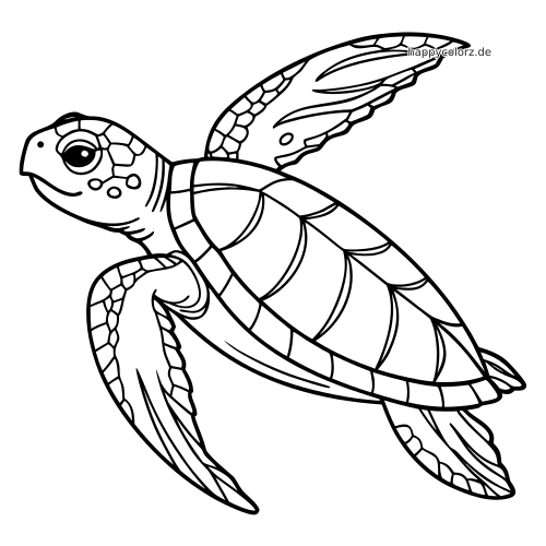 Eine Lederschildkröte als einfache Cartoon-Linienzeichnung, schwimmend mit großen Flossen und gemustertem Panzer.