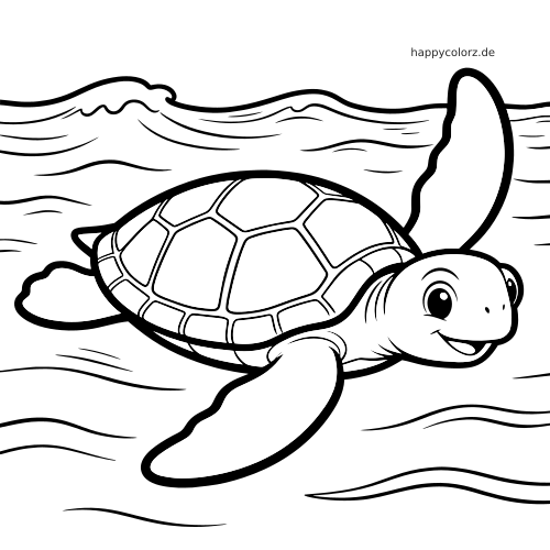 Eine lächelnde Meeresschildkröte schwimmt im Ozean, gezeichnet als einfache schwarz-weiße Cartoon-Kontur.