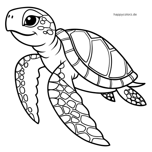 Eine freundliche Meeresschildkröte schwimmt mit großem Auge, gemusterten Flossen und einem deutlich gegliederten Panzer.