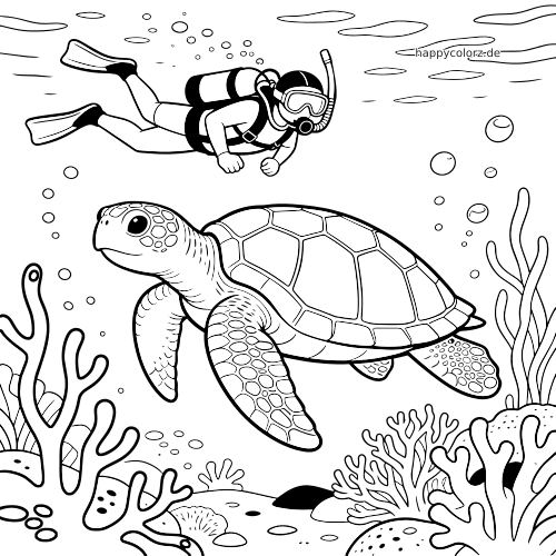 Ein Taucher schwimmt über einer großen Meeresschildkröte in einer Unterwasserszene mit Korallen, Pflanzen und Luftblasen.