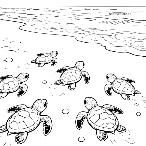 Fünf frisch geschlüpfte Meeresschildkröten krabbeln über einen sandigen Strand in Richtung Meer in einer detailreichen Linienzeichnung.
