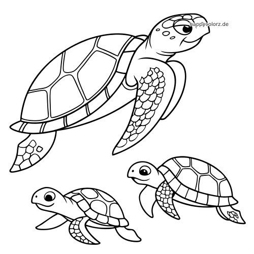 Drei Meeresschildkröten schwimmen im Wasser, mit deutlich gezeichneten Panzern, Flossen und Gesichtszügen.