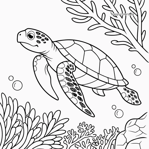 Eine detailreiche Meeresschildkröte mit gemusterten Flossen schwimmt durch ein Korallenriff mit Blasen, Pflanzen und Felsen.