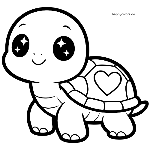 Eine Kawaii-Schildkröte mit großen funkelnden Augen und einem Herz auf dem Panzer im einfachen Cartoon-Umrissstil.