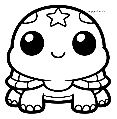 Eine Kawaii-Schildkröte in Vorderansicht mit großen runden Augen, lächelndem Gesicht und einem Stern auf dem Panzer.