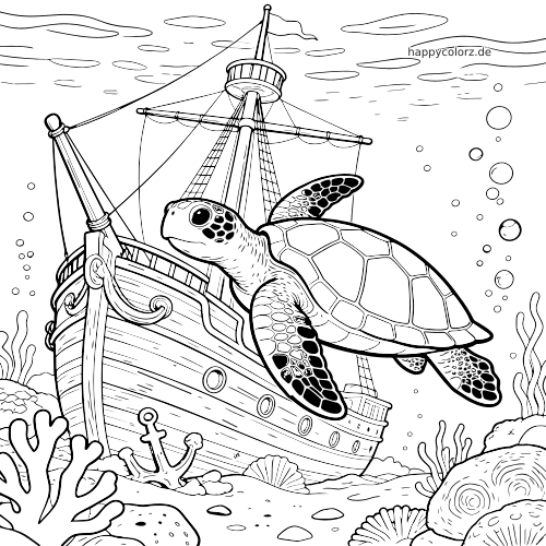 Eine Meeresschildkröte schwimmt unter Wasser vor einem gesunkenen Segelschiff, mit Luftblasen, Korallen, Muscheln und einem Anker.