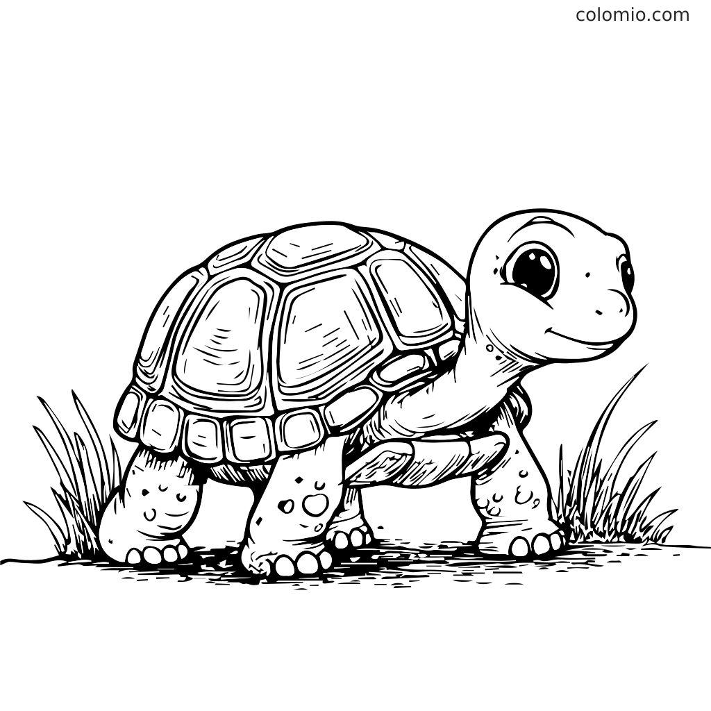 Eine niedliche Cartoon-Schildkröte, die auf Gras steht, perfekt für Ausmalaktivitäten.