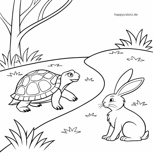 Eine Schildkröte und ein Hase stehen sich auf einem geschwungenen Waldweg gegenüber, mit Grasbüscheln und Bäumen im Hintergrund.