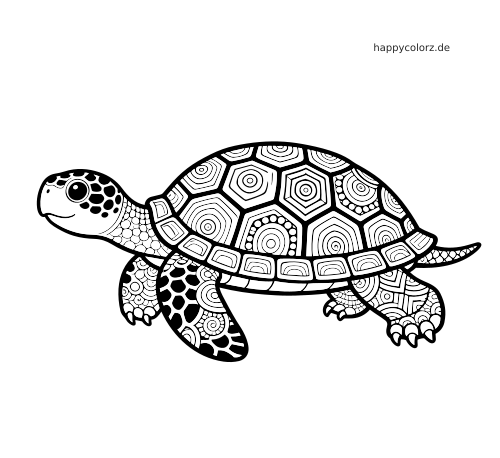 Eine Schildkröte in Seitenansicht mit detailreichem Zentangle-Panzer, gemusterten Beinen und langem Schwanz als schwarze Umrisszeichnung.