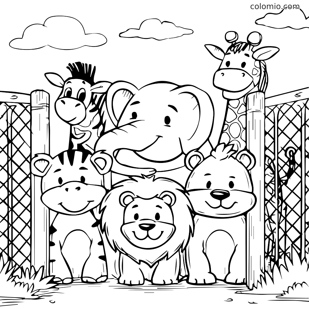 Spaßige Tierfreunde Malvorlage für Kinder Eine Malvorlage mit einer Gruppe freundlicher Tiere, darunter ein Zebra, ein Elefant, ein Löwe und eine Giraffe hinter einem Zaun.