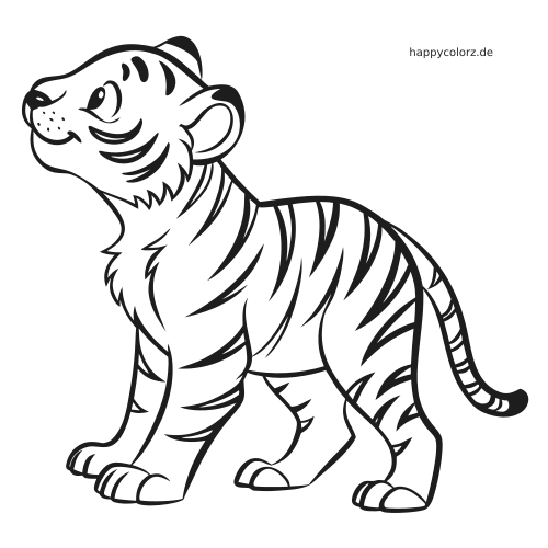 Ein allein sitzendes Tigerjunges im verspielten Comicstil, das nach oben blickt und deutliche schwarze Streifen hat.