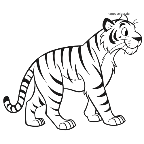 Ein weißer Tiger im Comicstil steht seitlich nach rechts und hat deutliche schwarze Streifen, große Augen und runde Formen.