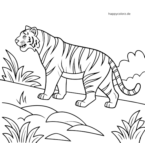 Ein Bengaltiger steht in einer einfachen Dschungelszene mit Büschen, Felsen und Wolken in kräftigen schwarzen Umrissen.