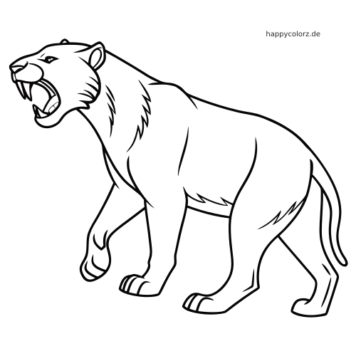 Schwarz-weiße Linienzeichnung eines brüllenden Säbelzahntigers in Seitenansicht mit langen Eckzähnen und kräftigen Konturen.