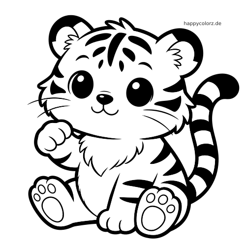 Ein sitzendes Chibi-Tigerjunges mit großen runden Augen, erhobener Pfote, flauschigem Fell und gestreiftem Schwanz.