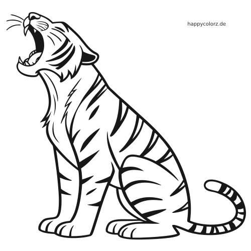 Ein detaillierter Tiger als Linienzeichnung in sitzender Vorderansicht, mit offenem Maul, Streifen und eingerolltem Schwanz.
