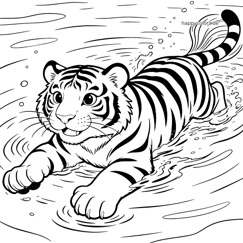 Nahaufnahme eines Tigers, der mit gestreiftem Fell durch das Wasser auf den Betrachter zuschwimmt, mit Spritzern und Blasen.