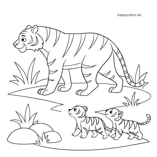 Einfache Linienzeichnung einer Tigerin, die mit zwei Tigerjungen auf einem Weg zwischen Gras und Steinen läuft.