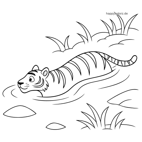 Ein einfacher gezeichneter Tiger schwimmt durch einen Fluss, mit Gras am Ufer und sanften Wellen um seinen Körper.