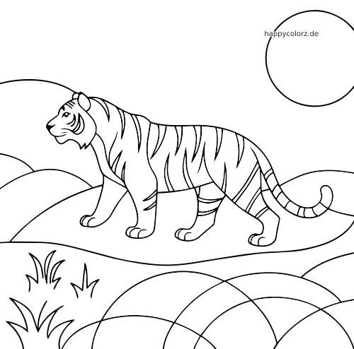 Ein einfacher Tiger als Linienzeichnung läuft nachts über sanfte Hügel, mit einem großen Mond am Himmel.