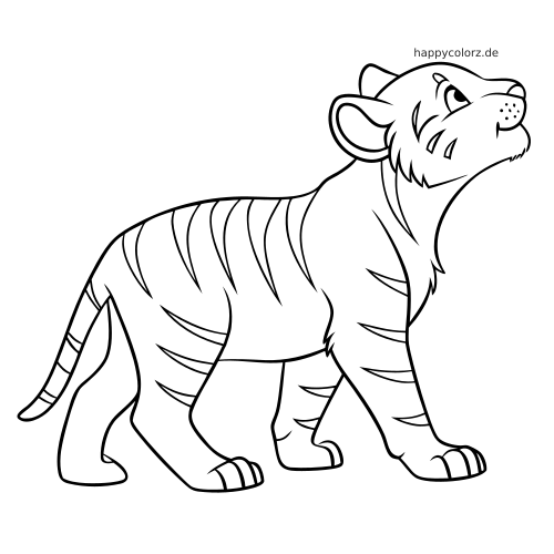 Einfache Strichzeichnung eines allein laufenden Tigerjungen in Seitenansicht mit erhobenem Kopf und deutlichen Streifen.