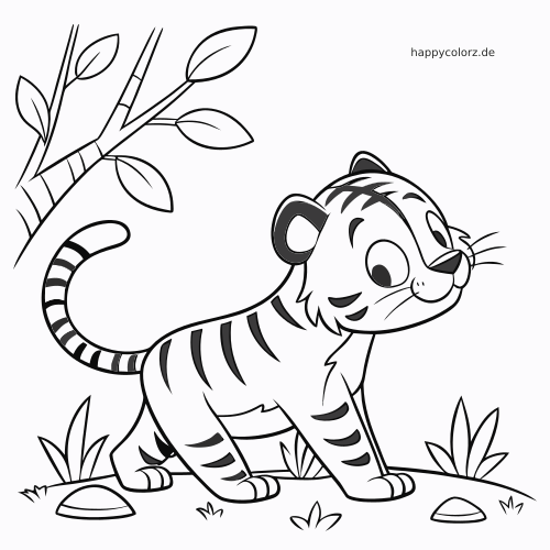 Ein Kawaii-Tigerjunges steht draußen neben einem Baum mit Blättern, dazu sind Grasbüschel, kleine Pflanzen und Steine zu sehen.