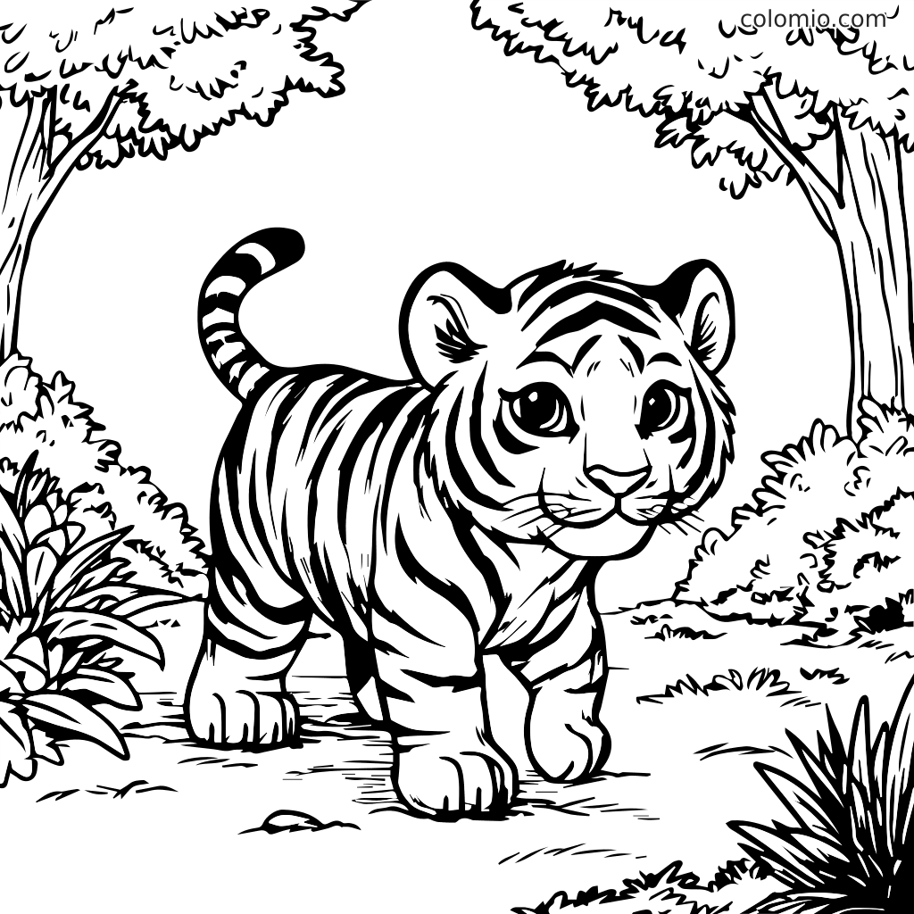 Ein verspieltes Tigerjunges, das im Dschungel durch Bäume und Büsche läuft.