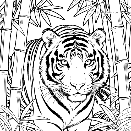 Ein realistischer Tiger blickt nach vorn und steht zwischen hohen Bambusstämmen und dichten Blättern im Dschungel.