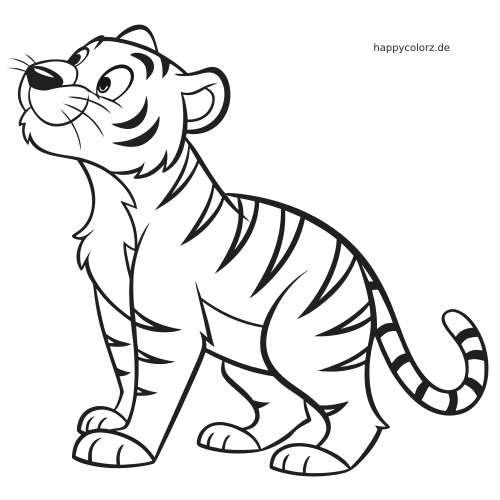 Ein sitzender Cartoon-Tiger blickt nach oben und ist mit einfachen schwarzen Umrissen, deutlichen Streifen und freundlichem Gesicht gezeichnet.