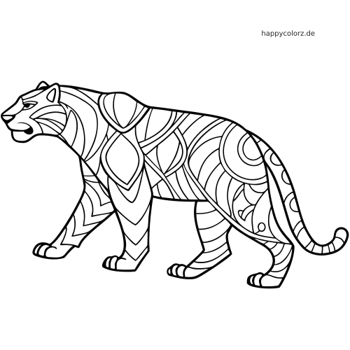 Schwarz-weißer Tiger im Zentangle-Stil in Seitenansicht mit breiten, geschwungenen Mustern auf Körper und Schwanz.