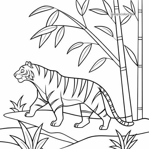 Ein Tiger läuft in einer Dschungelszene mit hohen Bambusstämmen und großen Blättern als einfache Schwarz-Weiß-Zeichnung.