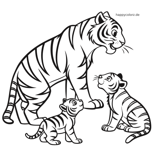 Nahaufnahme einer Tigerin mit zwei Tigerjungen, die neben ihr stehen und zu ihr aufblicken, als klare Linienzeichnung.