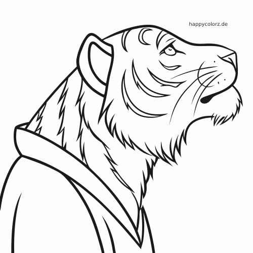 Schwarz-weißes Porträt eines Tigerkopfs im Seitenprofil mit markanten Streifen und ruhigem, nach oben gerichtetem Blick.