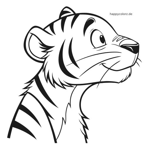 Schwarz-weißes Ausmalbild mit einem Tigerkopf im Seitenprofil, mit markanten Streifen, großem Auge und klaren Konturen.