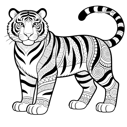 Schwarz-weißer Zentangle-Tiger in Vorderansicht mit detaillierten Streifen, Spiralen und gemusterten Körperflächen.