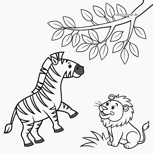 Ein Comic-Zebra und ein lächelnder Löwe sitzen unter einem Ast mit vielen Blättern, gezeichnet als einfache Linienzeichnung.