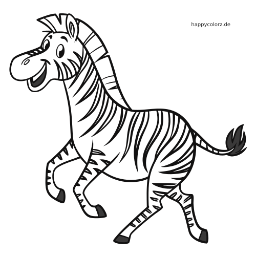 Ein fröhliches Comic-Zebra läuft mit großem Lächeln, runden Formen und deutlich gezeichneten Streifen durchs Bild.