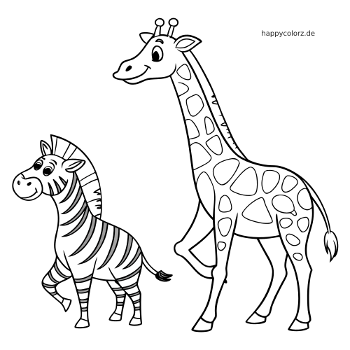 Ein Zebra und eine Giraffe im Comicstil mit freundlichen Gesichtern und klaren Konturen stehen nebeneinander.