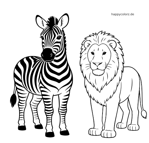 Ein Zebra und ein männlicher Löwe stehen nebeneinander in einer klaren Vorderansicht mit kräftigen Umrisslinien.