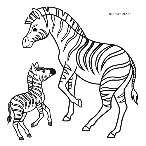 Ein Zebra und ein Zebrafohlen im Comicstil stehen sich gegenüber, mit klaren Linien und freundlichen Gesichtsausdrücken.