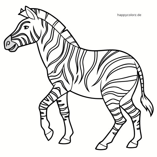Schwarz-weiße Umrisszeichnung eines gehenden Zebras in Seitenansicht mit deutlich sichtbaren Streifen im klaren Comicstil.