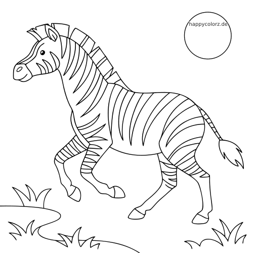 Ein einfaches Ausmalbild zeigt ein laufendes Zebra im Comicstil mit Grasbüscheln und einer Sonne im Hintergrund.