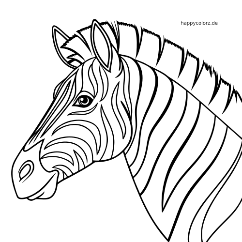 Schwarz-weiße Linienzeichnung eines einfachen Zebra-Kopfporträts in Seitenansicht mit deutlichen Streifen und kurzer Stehmähne.