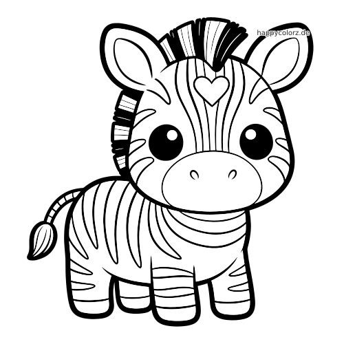 Ein Kawaii-Zebra mit großen Augen und runden Formen steht nach vorn gerichtet. Auf seiner Stirn ist ein herzförmiges Zeichen zu sehen.