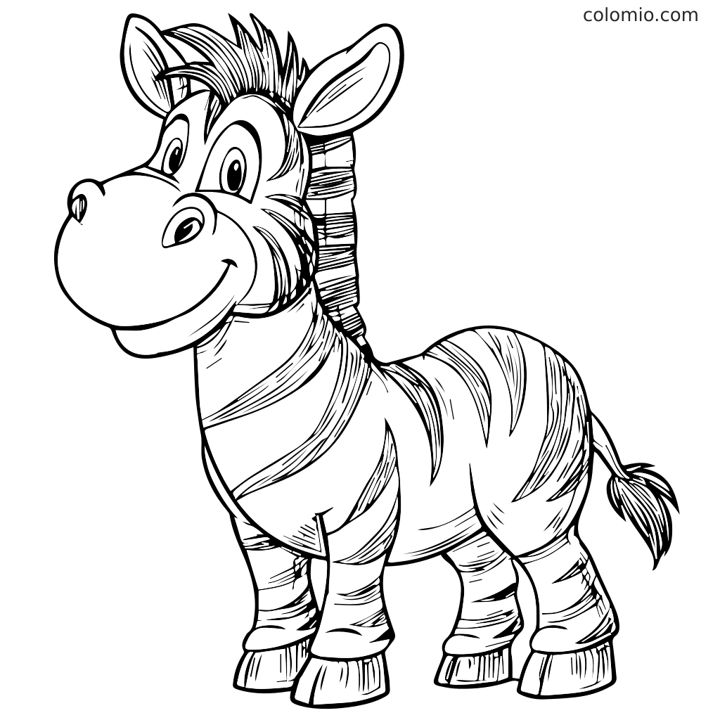 Ein Cartoon-Zebra mit einem großen Lächeln, umrandet zum Ausmalen. Perfekt für Kinderaktivitäten.