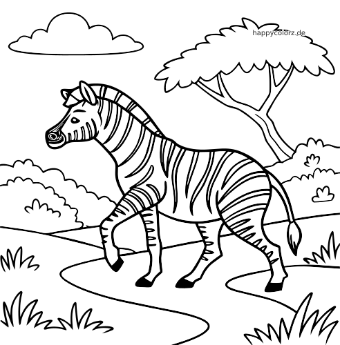Ein Zebra läuft auf einem geschwungenen Pfad durch die Savanne, mit Büschen, Gras, einem Baum und einer Wolke.
