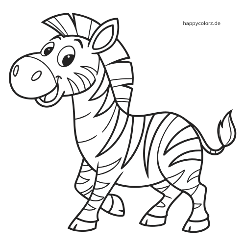 Ein Zebra im Kawaii-Stil in Seitenansicht mit lächelndem Gesicht, angehobenem Bein und deutlichen Streifen am Körper.
