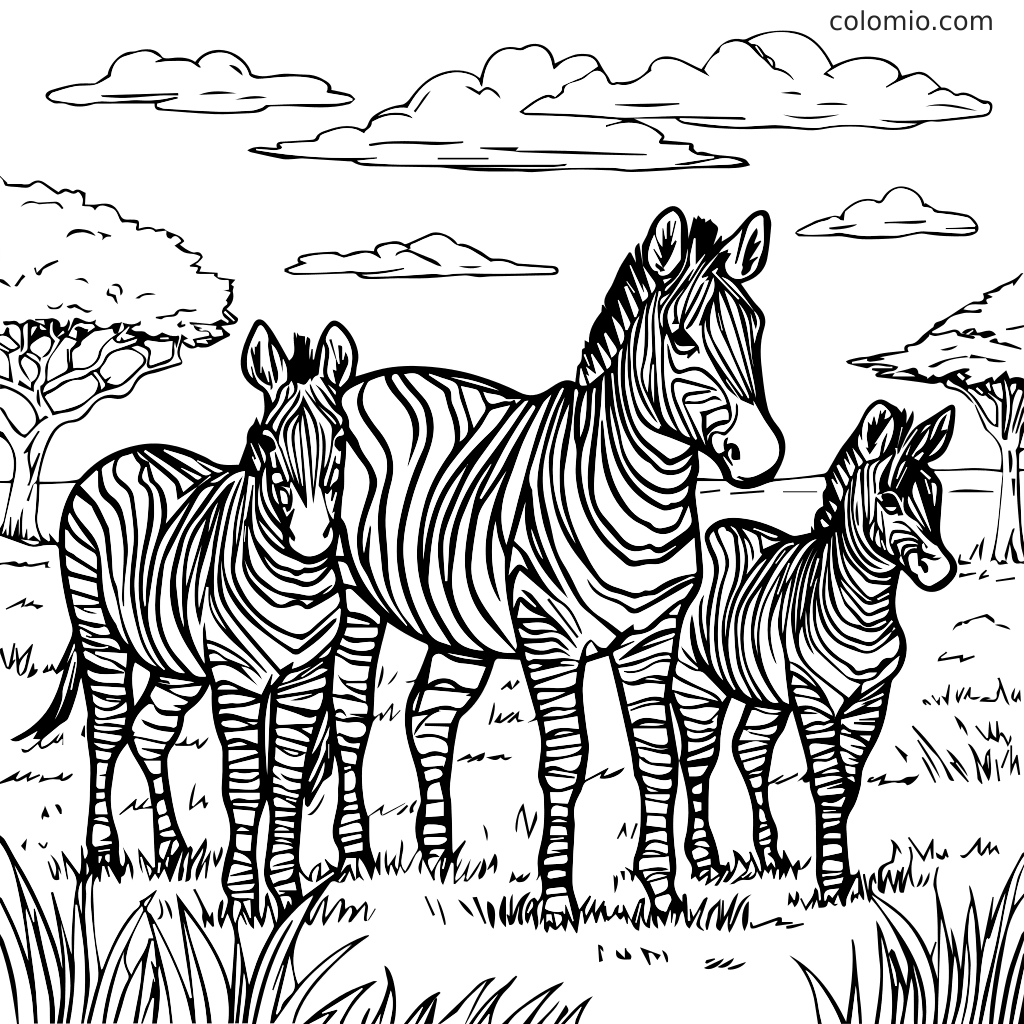 Zebrafamilie in einer Savannenlandschaft Ausmalbild Ein Ausmalbild mit einer Zebrafamilie, die in einer grasbewachsenen Savanne mit Bäumen und Wolken im Hintergrund steht.